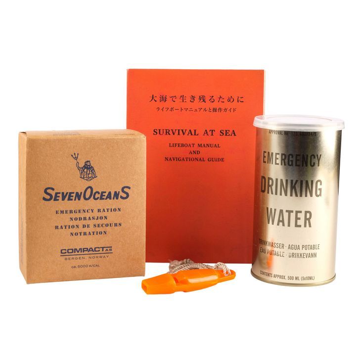 Box of Seven Oceans Rations, Can of Emergency Drinking Water, Whistle ...