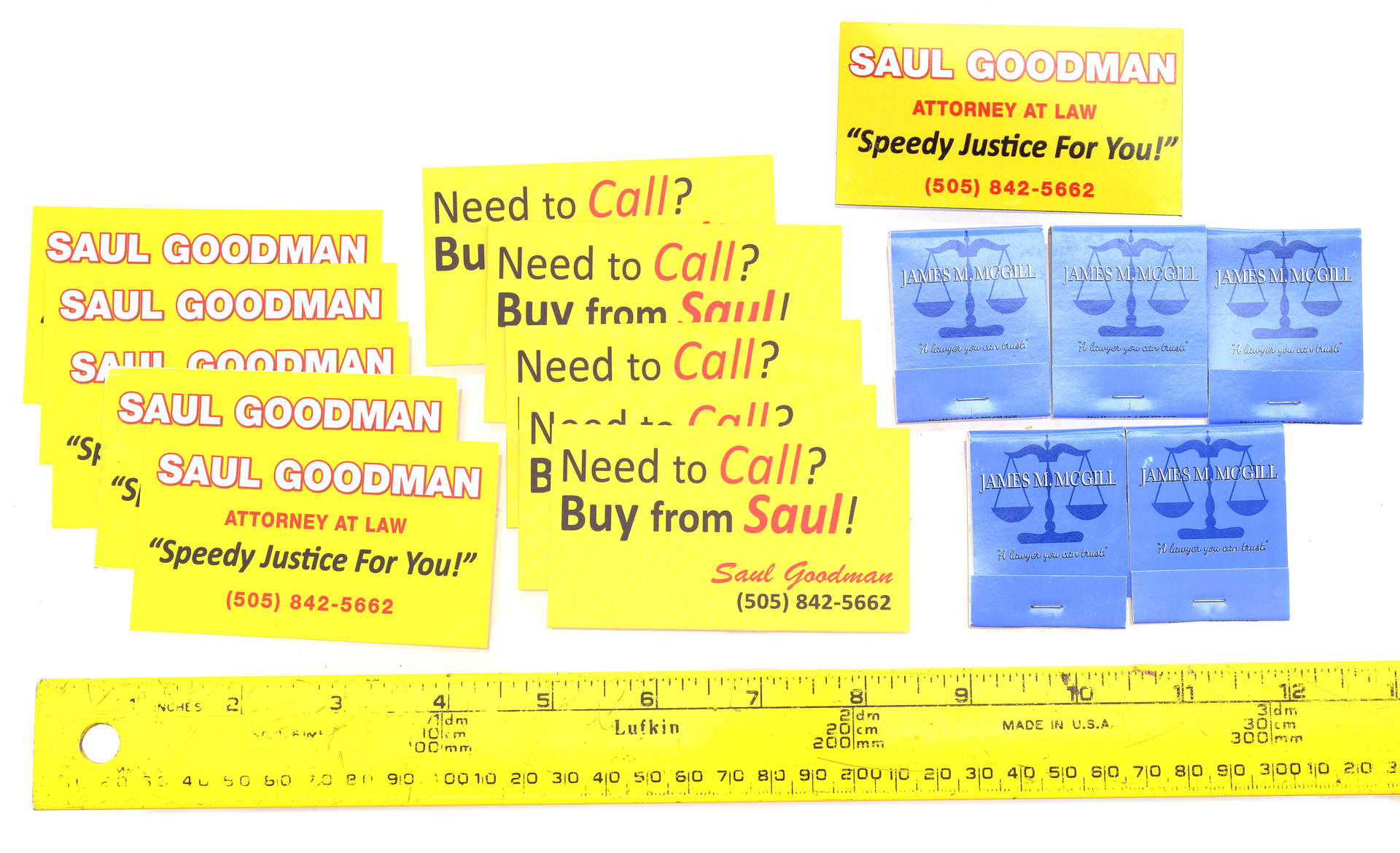 Lot # 103: Saul Goodman (as played by Bob Odenkirk) Business Cards and  Magnet, and Jimmy McGill Matches
