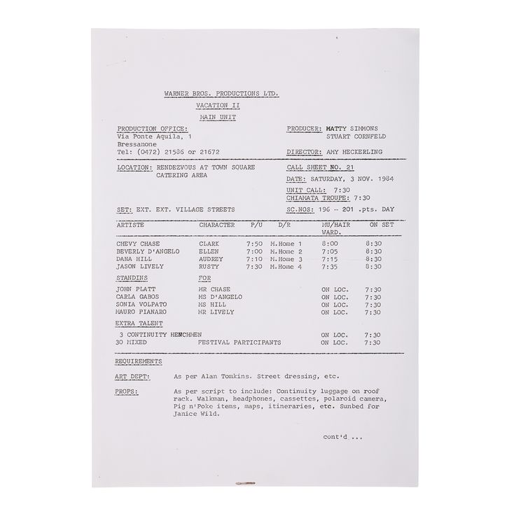 Call Sheet No. 21 | NATIONAL LAMPOON (1985)