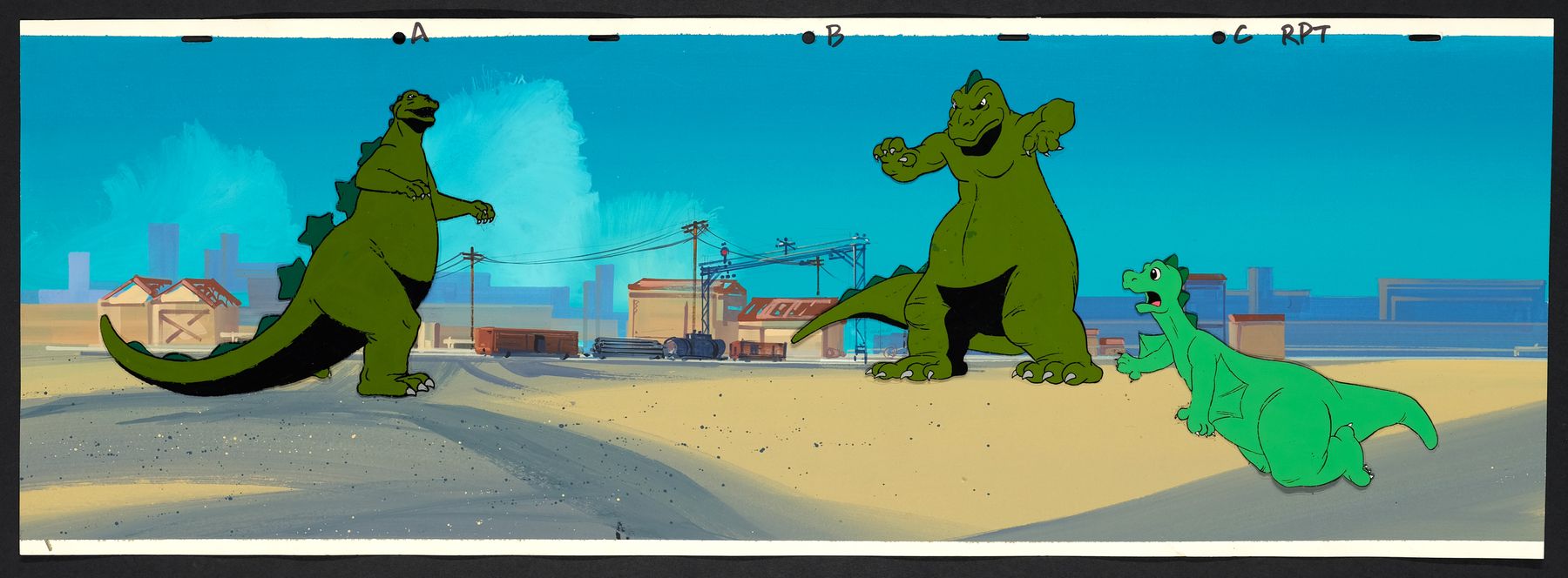 2157. Godzilla and Godzooky Original Production Cels on Pan Hand