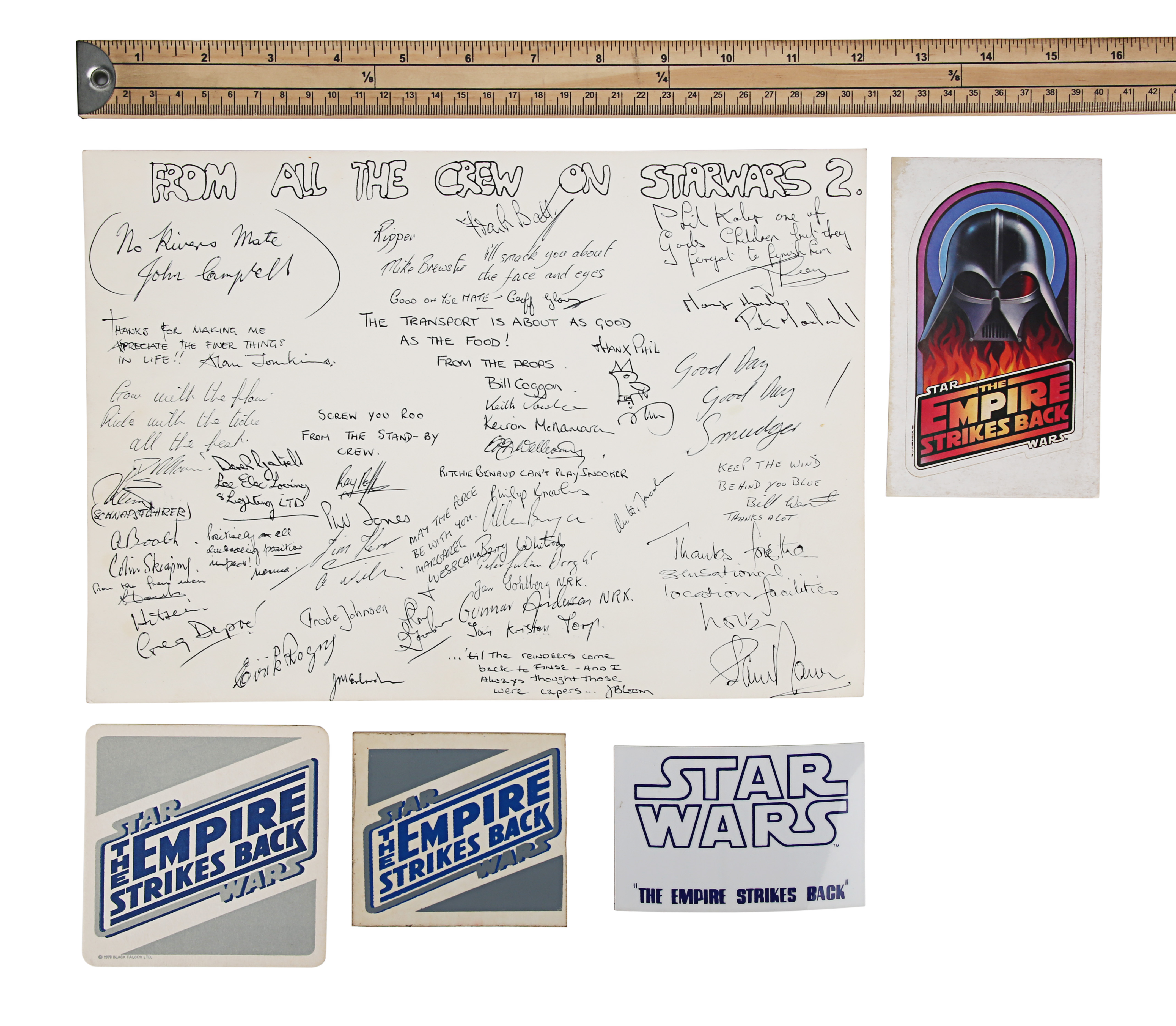 Lot 943 Star Wars The Empire Strikes Back 1980 Philip Kohler Collection Crew Autographed Thank You Cartoon Stickers And Coaster