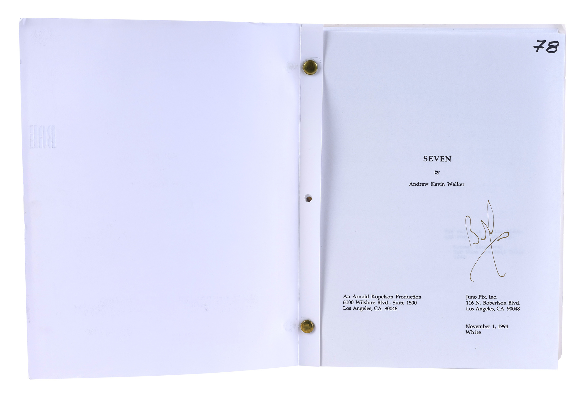 Lot # 1112: Seven (1995) - Brad Pitt-Autographed Screenplay