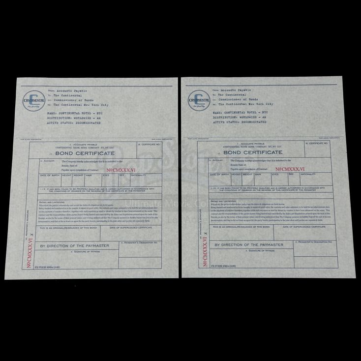 Two Blue Ink Continental Hotel Deconsecrated Bond Certificates JOHN WICK CHAPTER 3PARABELLUM