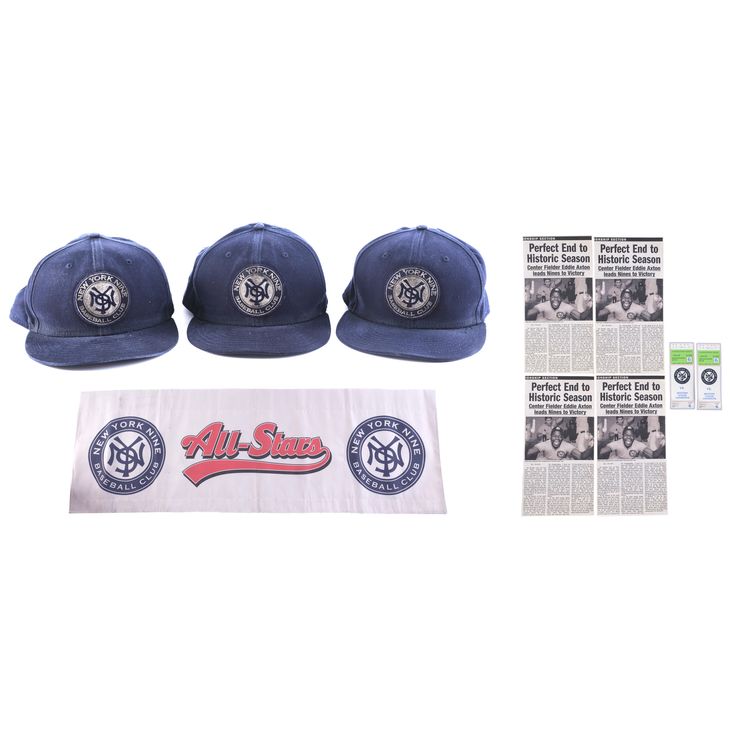 Three New York Nine Hats with Banner, News Clippings, and Game Tickets ...
