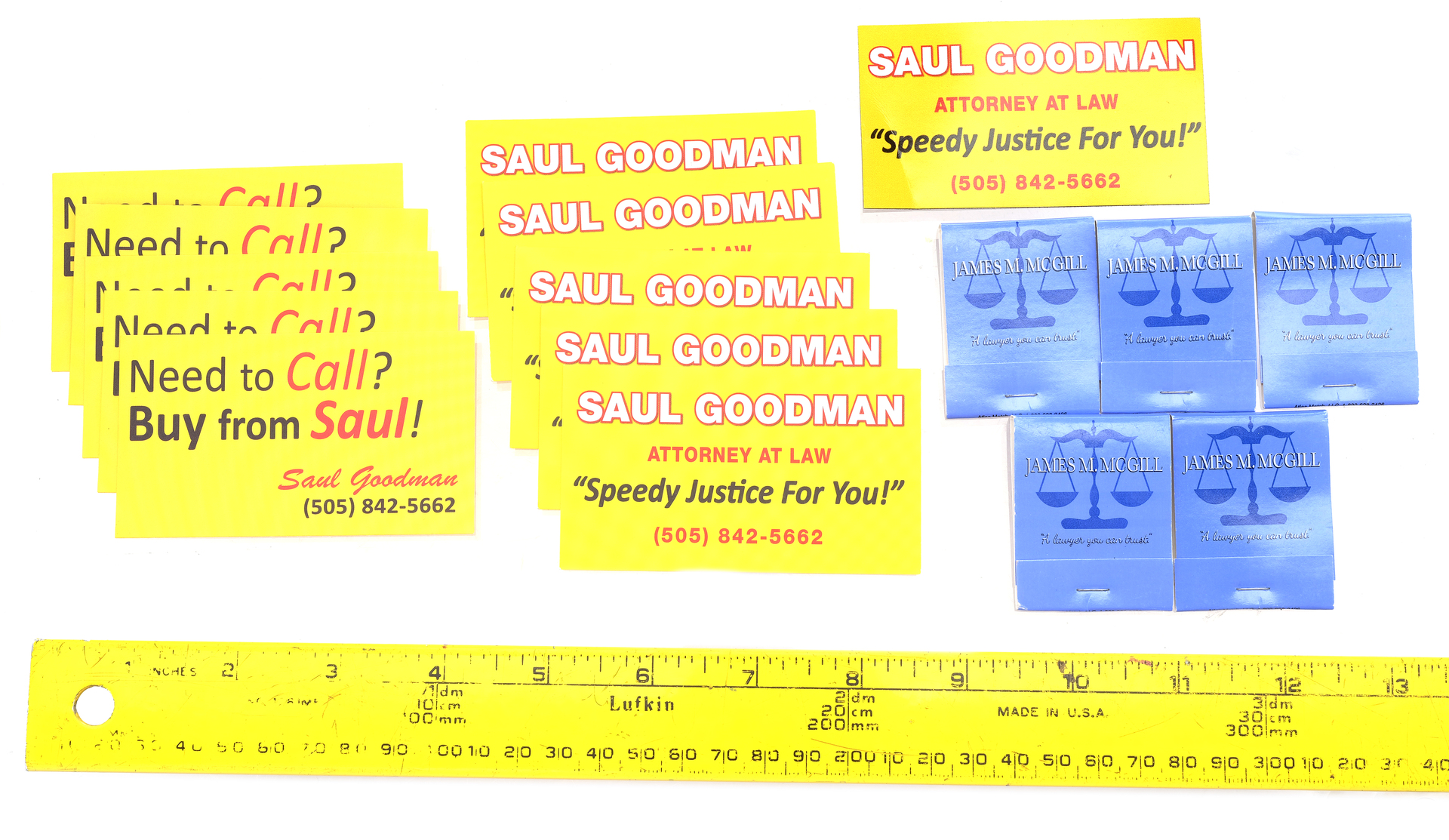 Lot # 131: Saul Goodman (as played by Bob Odenkirk) Business Cards and  Magnet, and Jimmy McGill Matches